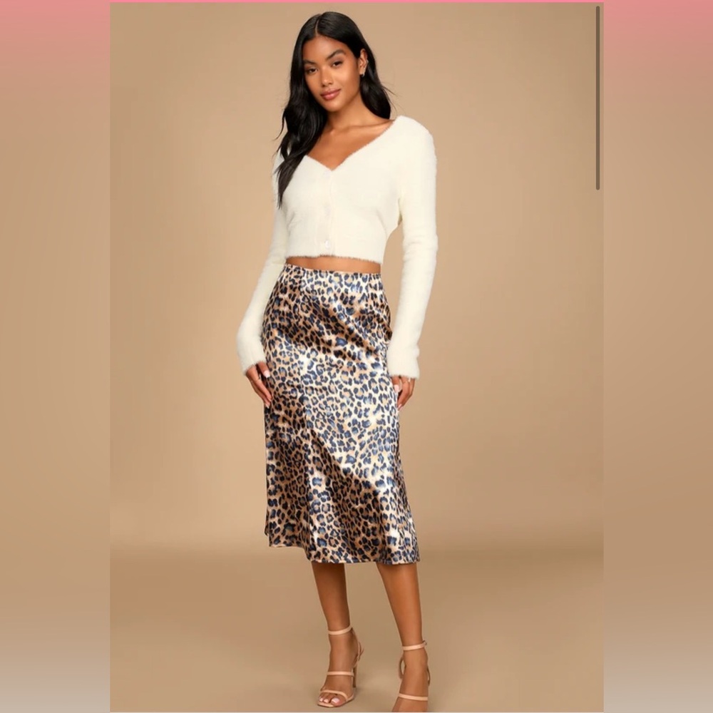 Lulus Global Icon Tan and Navy Blue Leopard Print Satin Midi Skirt. Size M.